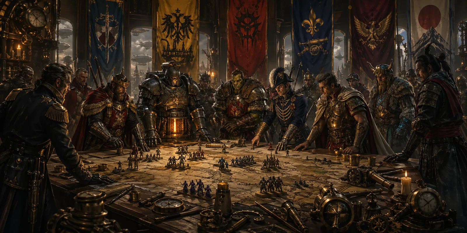 Faction leaders and banners gathered around a brass war table covered in miniatures and maps.