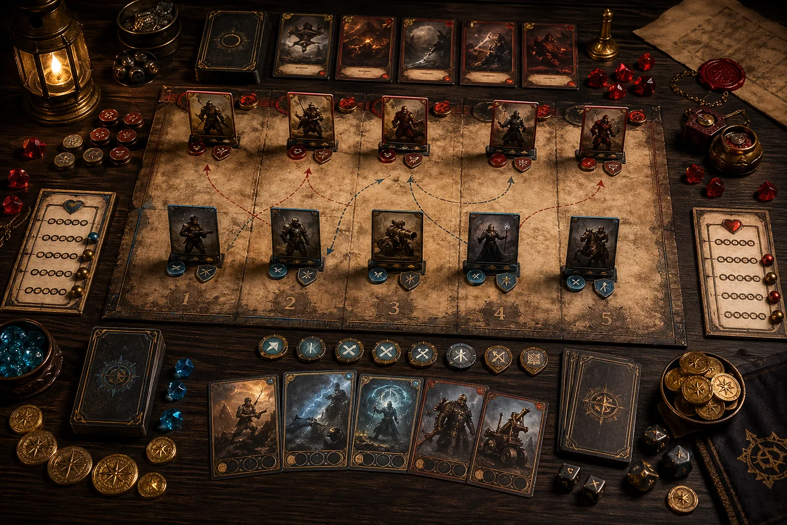 A tabletop EooT setup with cards, counters, gems, base trackers, and five battlefield positions.