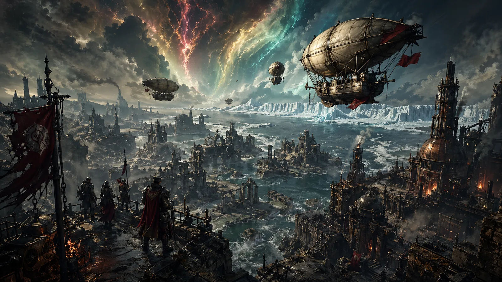 Airships crossing a drowned post-impact city beside an ice barrier and Radiant storm bands.