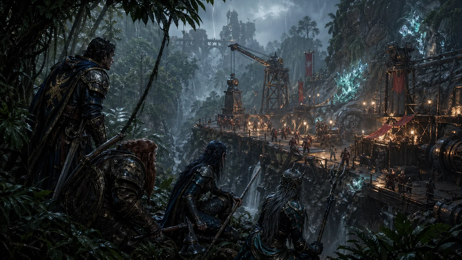A Merlin Knight, dwarf knight, and sea-elf allies overlooking a Roman mining operation in a Radiant jungle canyon.